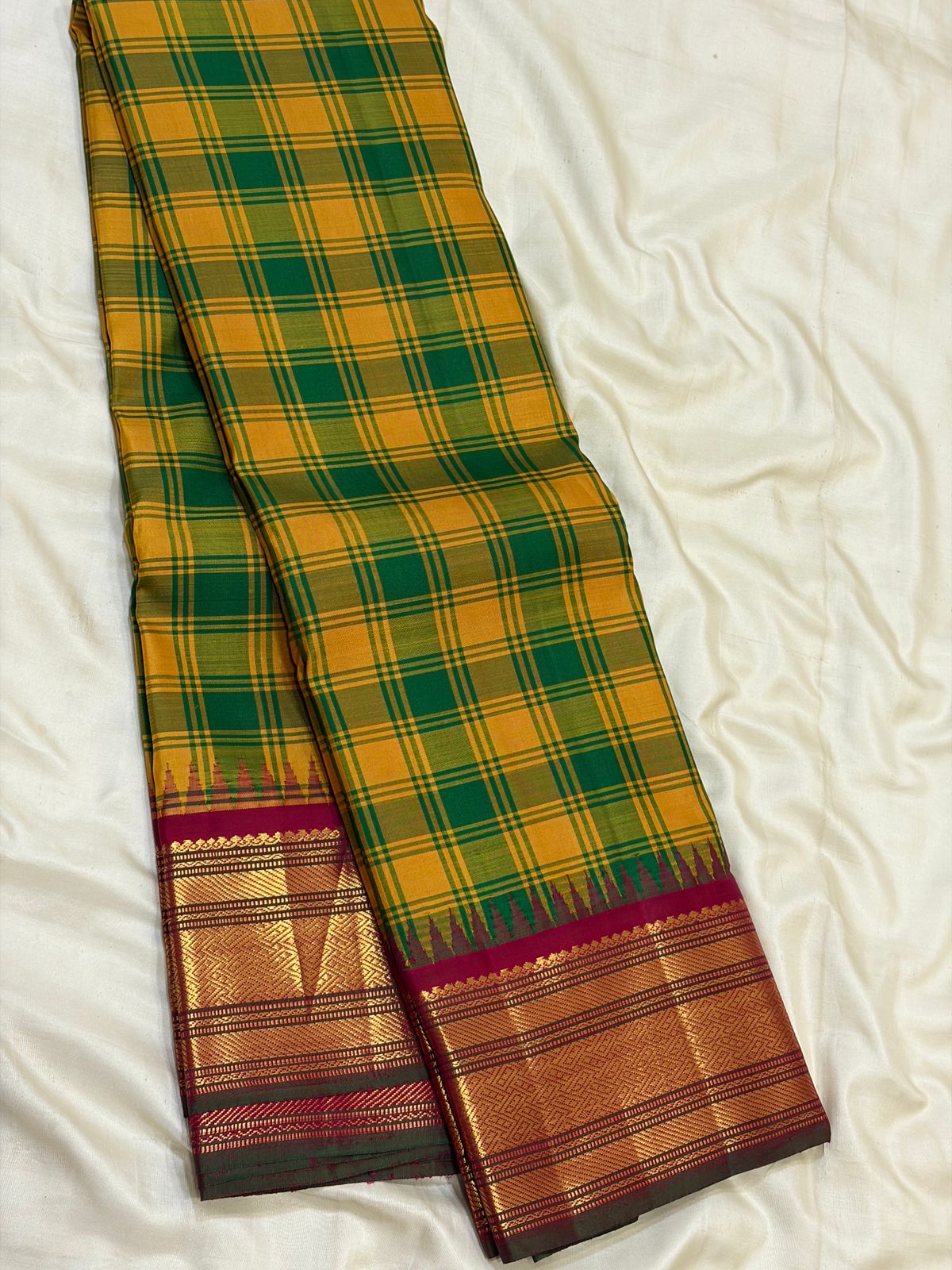 Green with Yellow Checked Pure Kanchipuram Handloom Bridal Silk Saree